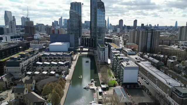 City road basin Regents canal Islington London UK drone aerial view