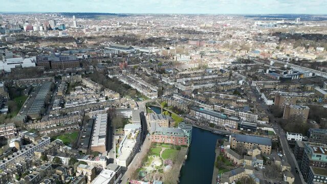 City road basin Regents canal Islington London UK high angle drone aerial view