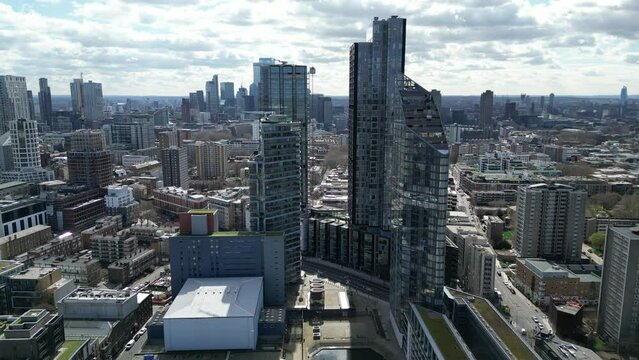 Carrara Tower, City road basin Regents canal Islington London UK drone aerial view
