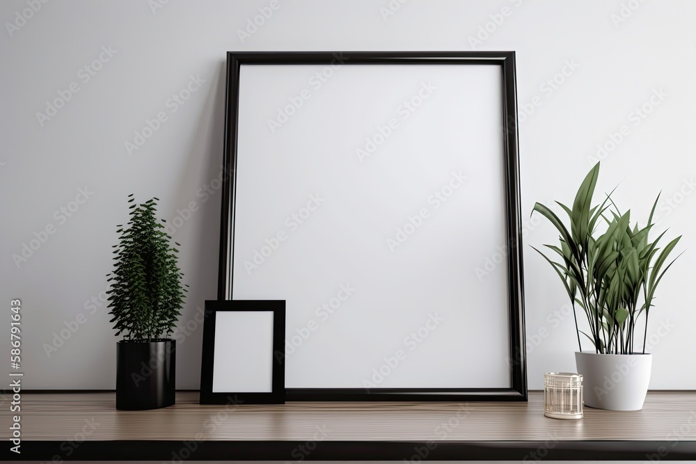 Poster a white gloss table with a modern black frame that is empty and has decorative grass in it. light gr