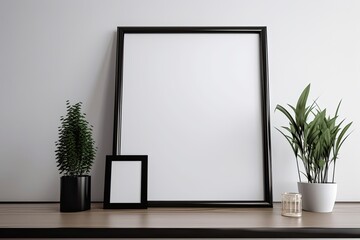 Fototapeta na wymiar A white gloss table with a modern black frame that is empty and has decorative grass in it. Light Gray Wall Background (White Blank Advertisement Banner Mock Up Isolated Template). Generative AI