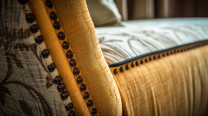 Obraz premium close up furniture element detail of upholstery sofa trimming fine detail design home interior concept, image ai generate