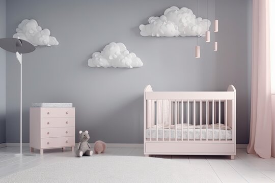 Baby nursery background and wall color are gray. White clouds and a white bulb are ornamental elements for a nursery. Generative AI