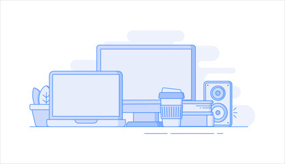 Computer, laptop, books, coffee cup, plant, speaker flat vector illustration in line art style
