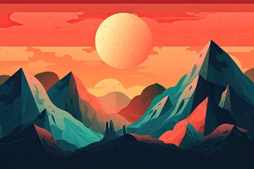 Fototapeten Gorgeous nature multicolored mountains and red moon, simple art landscape, mountain wall art, abstract boho nature wall, perfect for living room or office. Generative AI © AkuAku