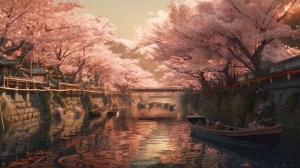 桜並木の風景　壁紙　イメージイラスト　generative AI