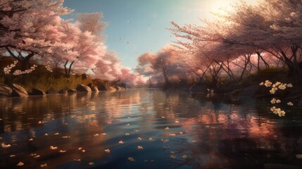桜並木の風景　壁紙　イメージイラスト　generative AI