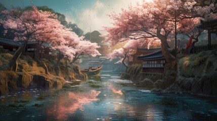 桜並木の風景　壁紙　イメージイラスト　generative AI