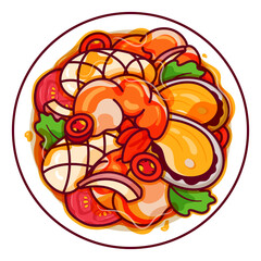 Thai spicy mixed seafood recipe illustration vector. Asian yum talay thai seafood salad icon top view. Spicy thai salad with shrimp mussel and squid top view cartoon. Thai seafood menu icon top view v