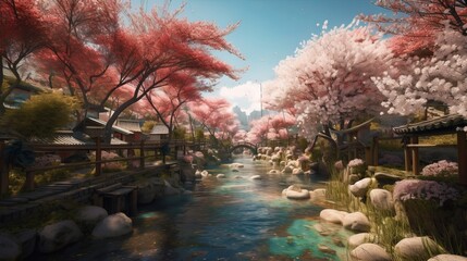 桜並木の風景　壁紙　イメージイラスト　generative AI