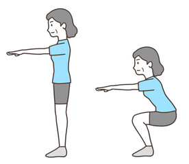 スクワットで脚を鍛える中年女性のイラスト、おばさん、青