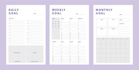 3 set of Daily weekly monthly planner. Minimalist planner template set. Vector illustration.