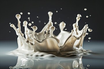 Milk crown splashes, creating ripples in the milk pool. Generative AI