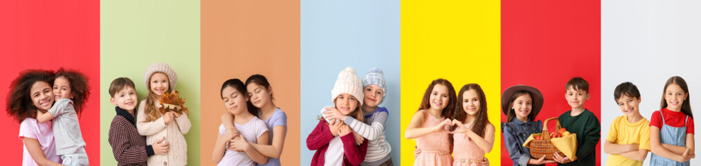 Collage of cute little children on color background