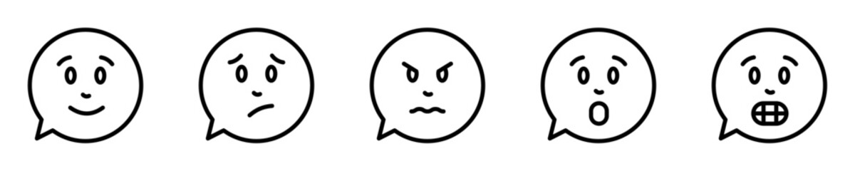 Conjunto de iconos de expresiones faciales. Caras, emociones, alegre, triste, enojado, sorprendido, asustado. Emoticones estilo globo de pensamiento. Ilustración vectorial