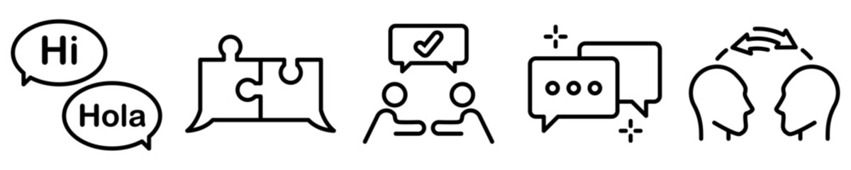 Conjunto de iconos de conversación. Concepto de comunicación. Diálogo, burbuja de mensaje, idea, pensamiento, intercambiar, acuerdo de ideas. Ilustración vectorial © Frank