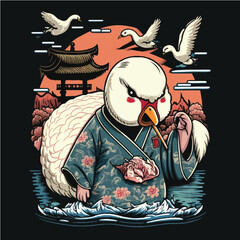 grumpy Swan eating Chirashizushi, Swan character, cute, cartoon, children book style, artistic, theme print design, for t-shirt print and case, Illustrator