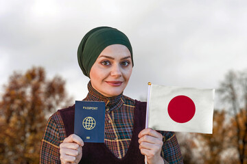 Muslim Woman Holding Passport and Flag of Japan
