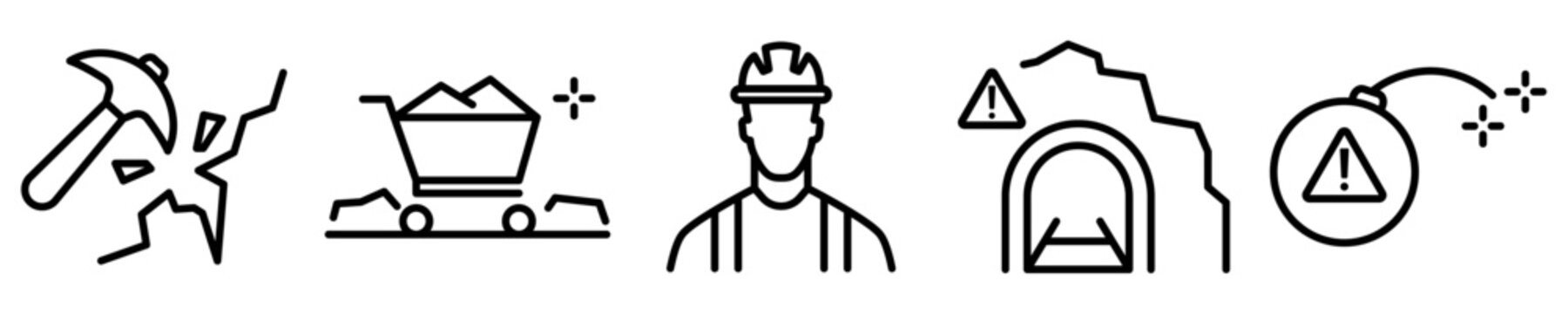 Conjunto de iconos de miner&iacute;a. Extracci&oacute;n de minerales, mina, t&uacute;nel, minero, explosivo. Ilustraci&oacute;n vectorial