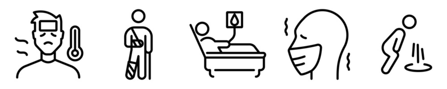 Conjunto de iconos de enfermedad. Persona enferma, fiebre, fractura, hospitalizaci&oacute;n, contagio, nauseas y v&oacute;mito. Concepto de salud. Ilustraci&oacute;n vectorial
