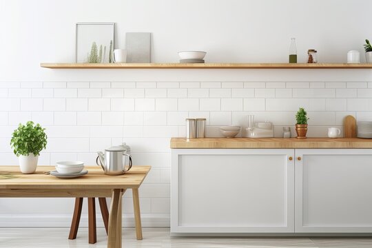 Home interior with white blank wall and wood table for goods display. Mockup for a floor desk display. Background Kitchen board counter and room shelf. Generative AI