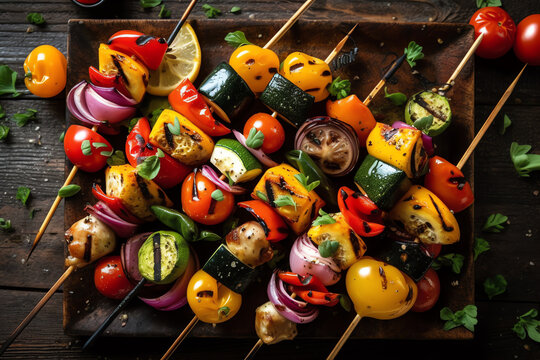vegetable skewers with a variety of grilled vegetables. generative AI.