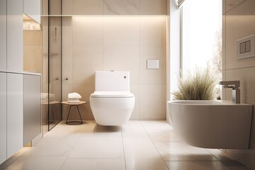 Naklejka na ściany i meble Abstract background image of a modern, spotless bathroom and toilet. Generative AI