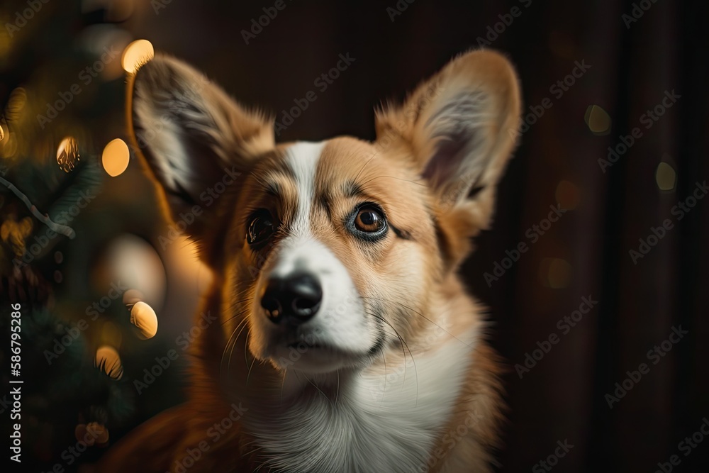 Sticker Welsh Corgi puppy dog, purebred. Happy New Year, holidays, and celebrations of Christmas. Dog (pet) standing next to the tree. Generative AI