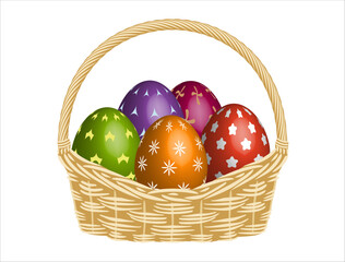 Easter colorful eggs in basket on white background. Vector illustration.