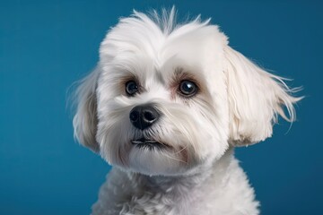 very cute Maltese lapdog. studio photo shoot with a blue backdrop. Generative AI