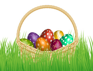 Vector vintage Easter eggs in a wicker basket on green grass background.