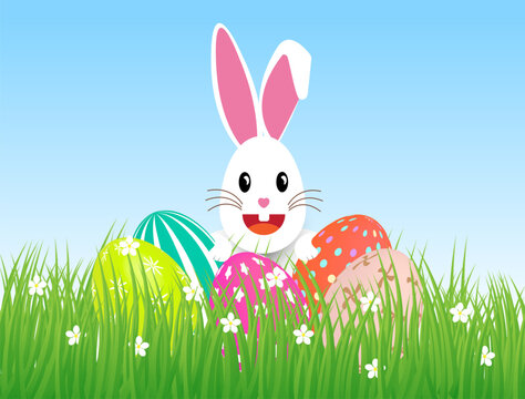 Easter eggs on grass, cute cartoon bunny. Easy to edit vector template for party invitation, typography poster, greeting card, banner.