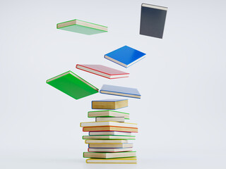 3D render of Colorful hardcover books flying on white background, Stack of books in colour covers