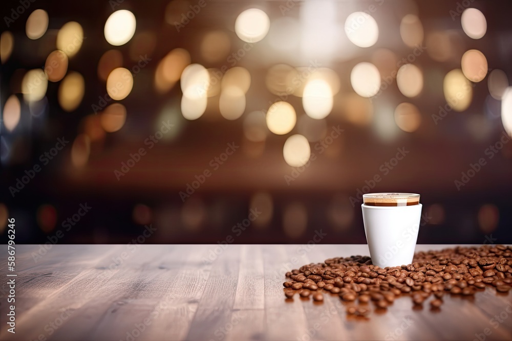Poster coffee shop background with bokeh image and selected focus empty brown wooden table for your photomo