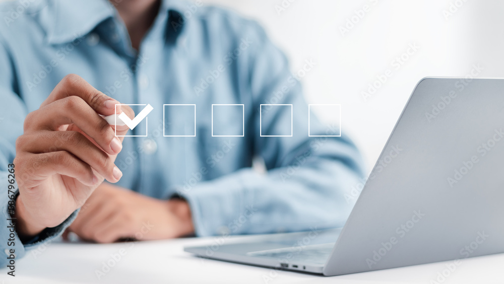Poster checklist concept. businessman checking mark on checkboxes.