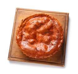 Board with delicious meat pie isolated on white background