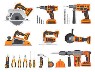 Stock vector illustration set isolated icons building tools repair, construction buildings, drill, hammer, screwdriver, jigsaw, knife, ruler, helmet, circular saw, Electric jack hammer, and planer.