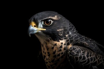 Black background with a falcon bird raptor. The peregrine falcon is renowned for its quick dives while flying. Generative AI