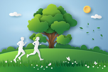 People run on the meadow with fresh air in grass nature in summer season. Vector illustration art design in paper cut of eco energy and environment concept.