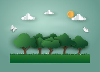 Landscape of Green nature with eco energy and environment, tree and butterfly. Vector illustration art design in paper cut style.