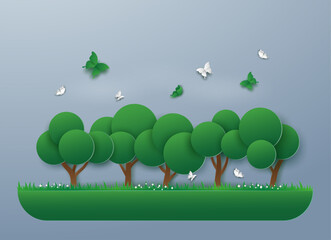 Landscape of Green nature with eco energy and environment, tree and butterfly. Vector illustration art design in paper cut style.