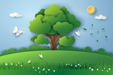 Landscape of Green nature with eco energy and environment, tree and butterfly. Vector illustration art design in paper cut style.