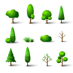 trees set at low poly on white isolated. vector 3D illustration concept