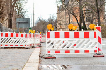 View of city street with roadblocks
