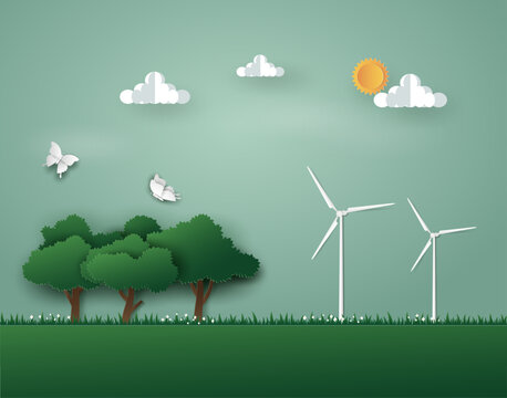 Landscape of Green nature with eco energy and environment by wind turbine. Vector illustration art design in paper cut style.