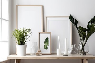 White picture frame mockup in portrait orientation on a hardwood table. modern palm adorned vases white wall as a backdrop Scandinavian style decor. Generative AI