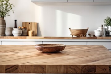 Fototapeta na wymiar timber table a wooden table top or shelf in a contemporary, premium condominium with a minimalist, white kitchen, tasteful interior architecture. Generative AI
