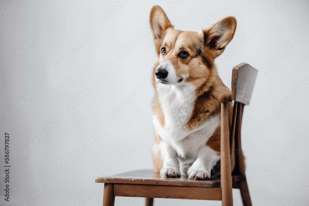 Poster Welsh corgi dog in a funny pose on a white background. A lovely breed of dog is relaxing on the chair. Generative AI