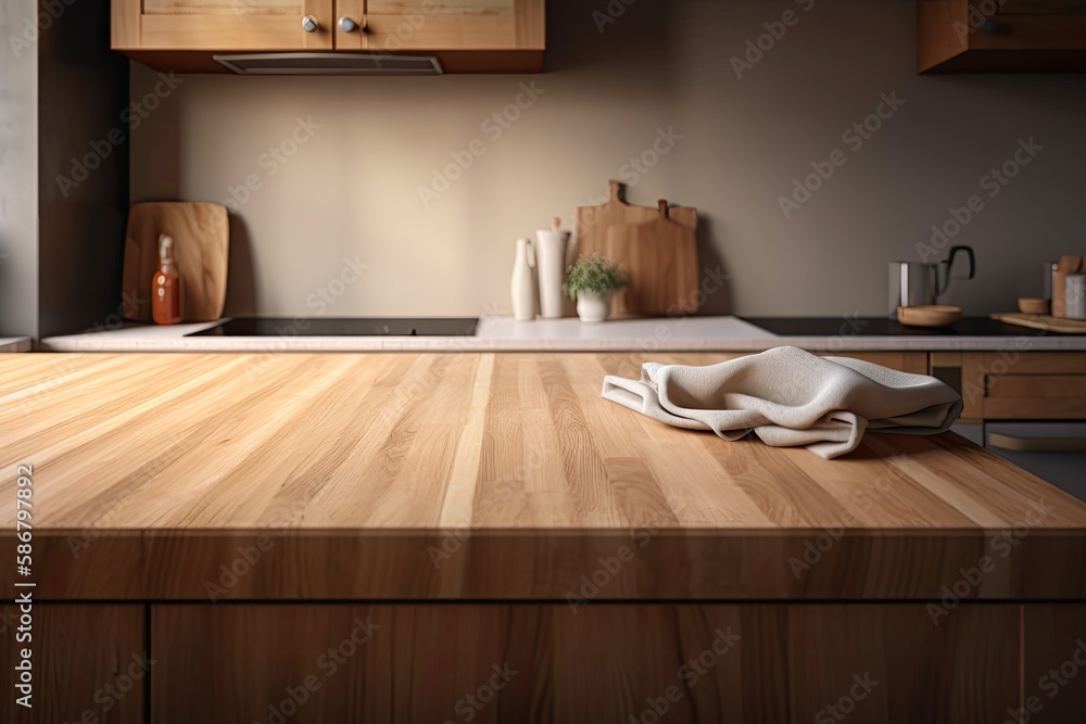 Poster background of a counter or table in a kitchen. tablecloth and wood texture are used to decorate the 