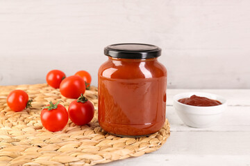 Wicker mat with jar of tasty tomato paste on white wooden background